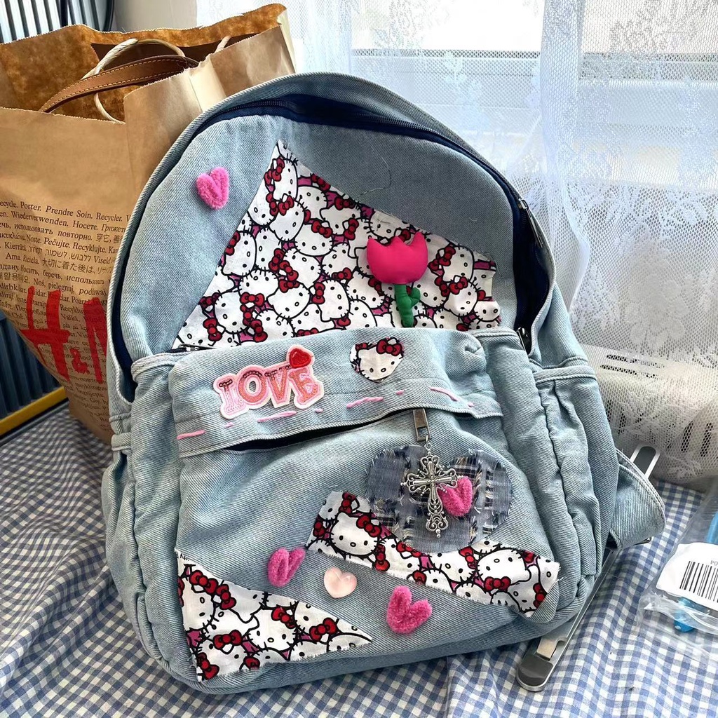 ◙▦☏Tas ransel hello kitty denim asli homemade tas hello kitty manis dan serbaguna jahitan milenial lama