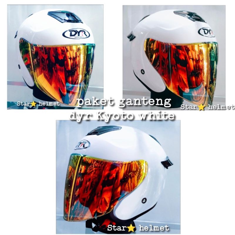 helm half face DYR Kyoto solid white putih paket ganteng flat visor iridium