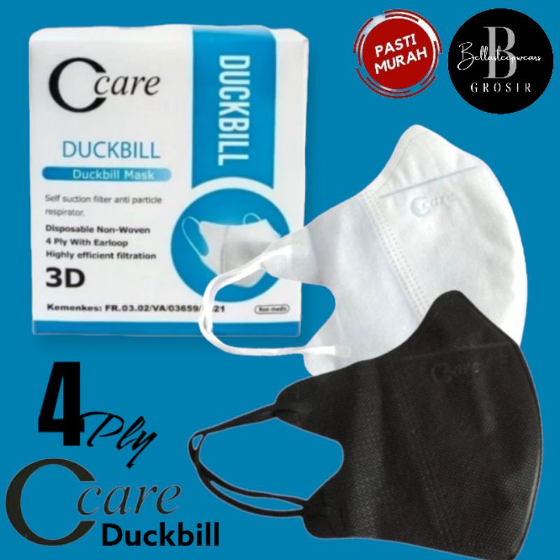 BOX ISI 50 - MASKER DUCKBILL CCARE GARIS EMBOS 4PLY 3PLY HITAM PUTIH 50 PC