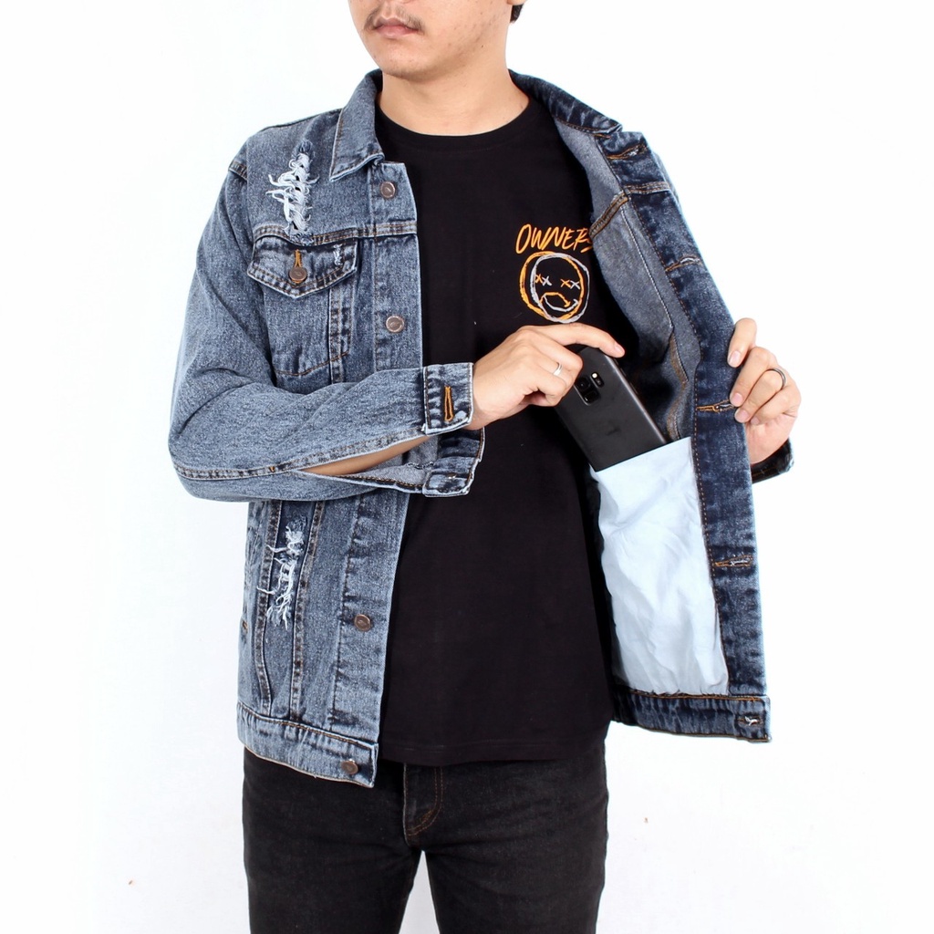 TURUN HARGA ! Jaket Denim Graywash Blue Snaw Black Original Flower Country - Jacket Jeans Pria Murah