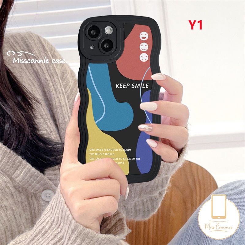 Redmi 12C 9T 9 9A 10 10A A1+9C NFC 10C Redmi Note9 8 Note 10 11s 10s 10 Pro Max Plus 11 Pro+Ins Abstrak Art Moranti Jahitan Kontras Smiley Bunga Lembut Hitam Bergelombang Tepi Case