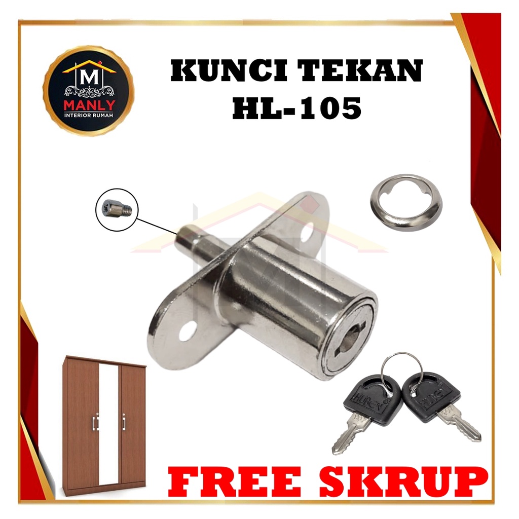 Kunci Etalase / Kunci Tusuk / Kunci Tekan / Kunci Lemari Push Lock HUBEN HL-105.. Free Skrup