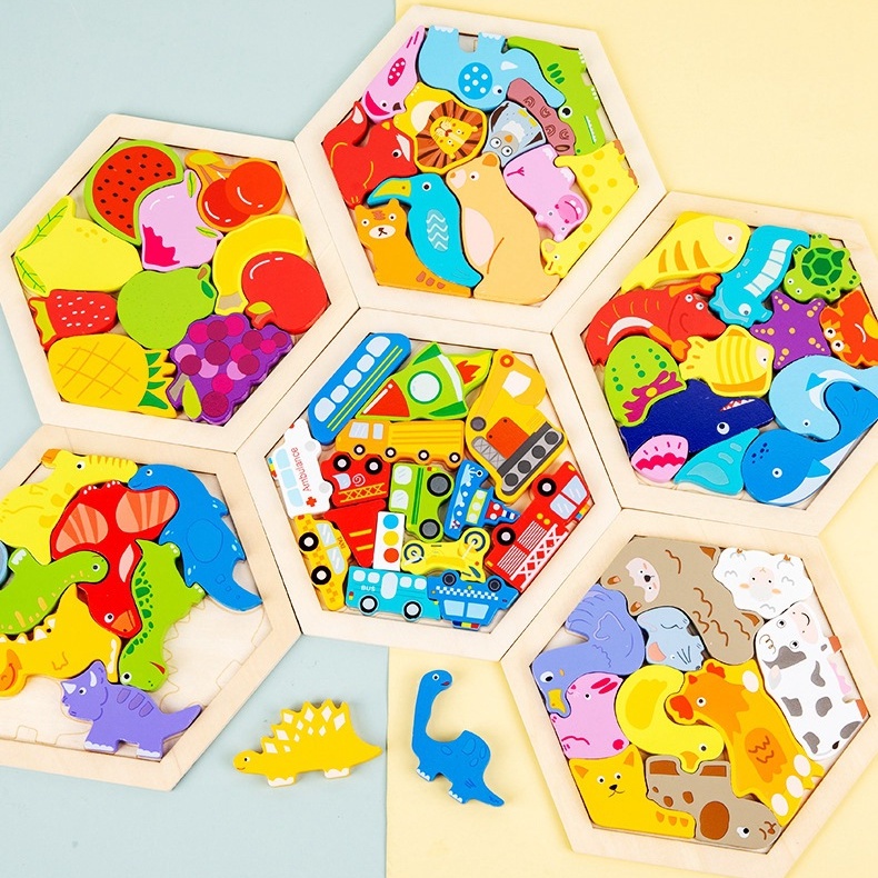 Hexagon Creative 3D Puzzle | Wooden Matching Building Blocks | Puzzel Tetris Balok Kayu Tebal Chunky Montessori Bentuk Hewan Binatang Dinosaurus Transportasi Kendaraan Buah Kartun Lucu Segi Enam Hexagonal Heksagonal | Mainan Edukatif Edukasi Anak Balita