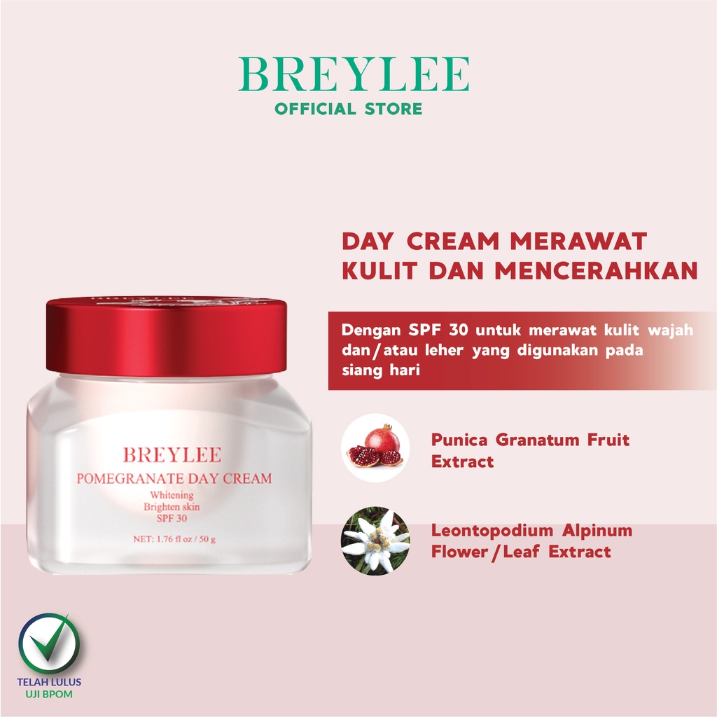 BREYLEE CREAM PEMUTIH WAJAH Pomegranate Day Cream Sunscreen SPF 30 - Breylee Krim Whitening , Melembabkan, Mencerahkan &amp; Anti-Aging (50 Gr)