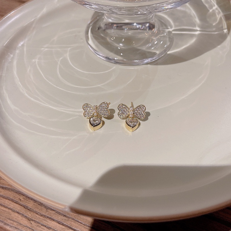 Anting 925 Silver Needle Bentuk Hati Pita Aksen Mutiara Bahan Zirkon Untuk Wanita