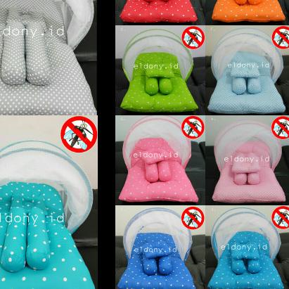 Set kasur bayi, bantal guling, dan kelambu lipat Polka
