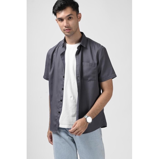 KEMEJA PREPP STUDIO EXETER BLACK BUTTON SHORT SLEEVE SHIRT ASPHALT - S