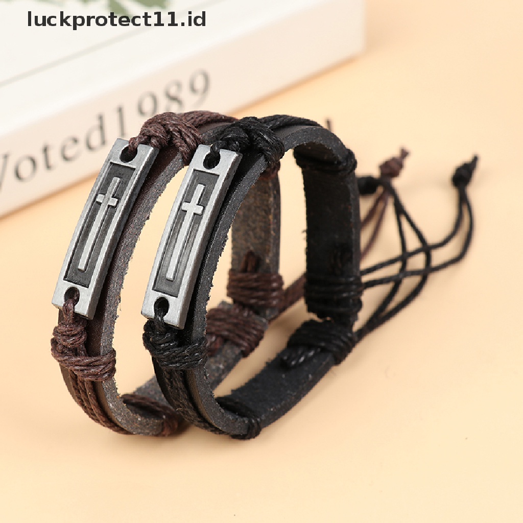 Gelang Bahan Kulit Desain Salib Yesus Kristen Gaya Vintage Untuk Pria Dan Wanita