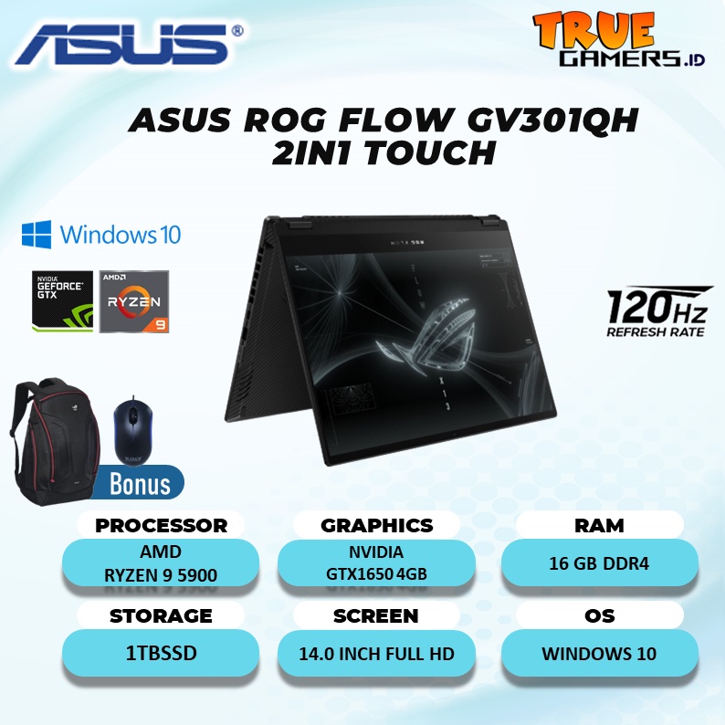 LAPTOP ASUS ROG FLOW GV301QH 2IN1 TOUCH GTX1650 4GB RYZEN 9 5900 16GB 1TBSSD Win10 13.4FHD IPS 120HZ