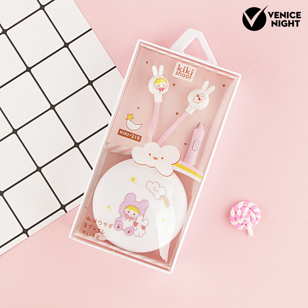 (VNEP) (Berkabel) Earbud Sensitif HD-kompatibel Memanggil dengan Mikrofon Cartoon Rabbit Box Earphone Stereo 3.5mm untuk Mendengarkan Musik