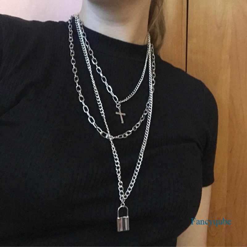 Fancyqube Kalung Rantai Panjang Multilayer Liontin Kunci Salib Gaya Hip Hop Untuk Unisex