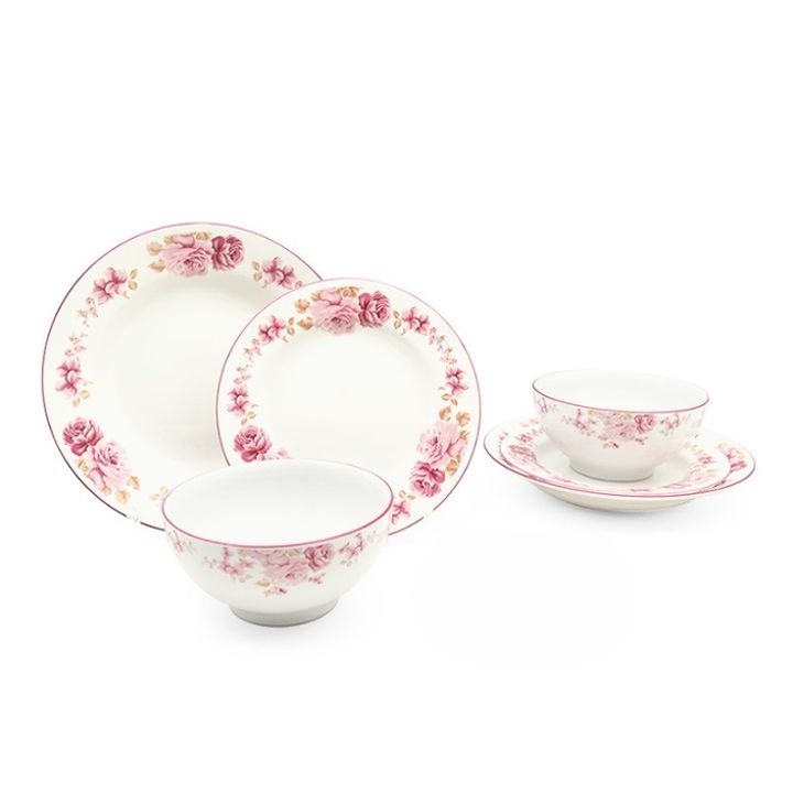 Piring Set Keramik isi 6 pcs | Motif Pink Rosi | Mangkok Set Makan | Dinner Set Simple