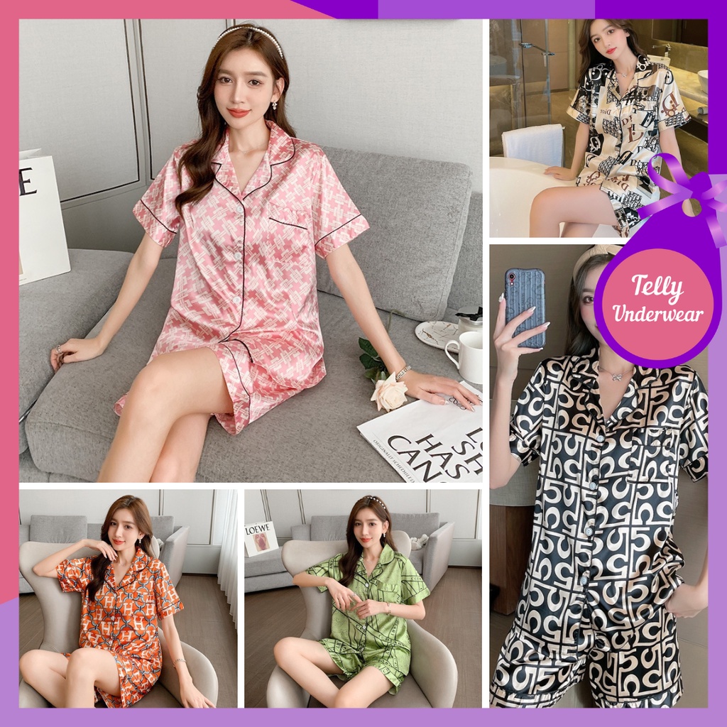 TELLY ➡️ 345 Baju Tidur Wanita Dewasa Model Kemeja Bahan Satin HP Lengan Pendek Celana Pendek Import High Quality Sleepwear