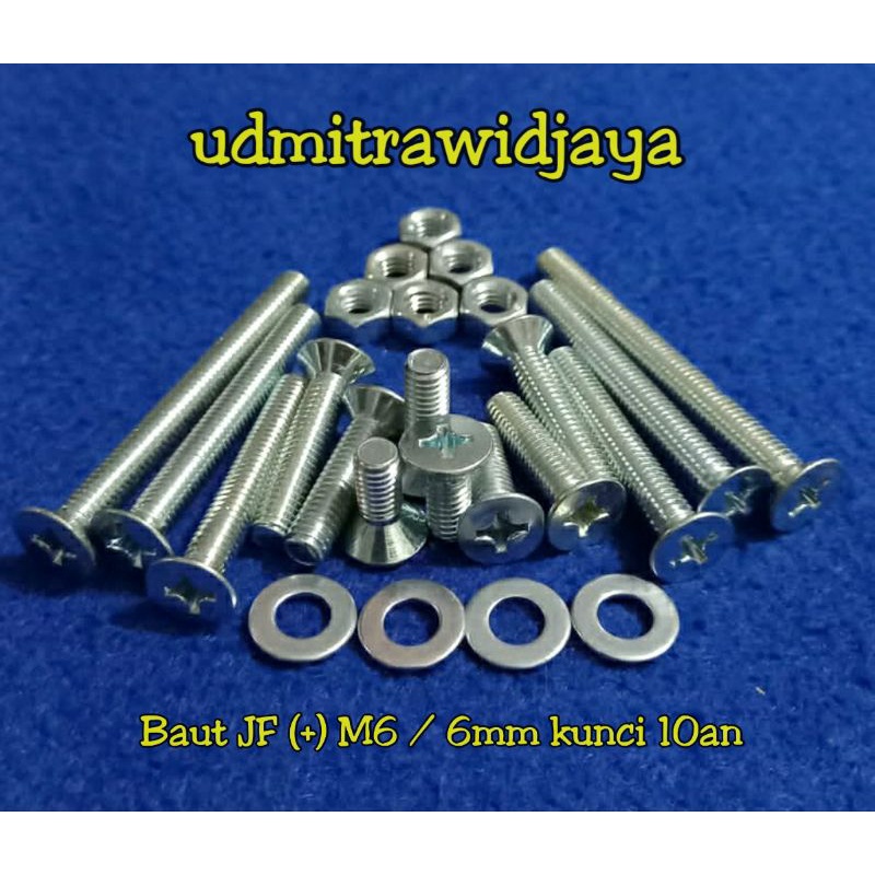 Baut Tirus Flat kunci 10 model JF + TIRUS panjang 1,5cm 2cm 2,5cm 3cm 4cm 5cm 6cm baut galvanis M6 6mm baut obeng kunci 10an baut kunci obeng 10mm baut rak susun baut pagar stainless baut grade 4.6 baut ucp putih baut JF (+) Baut jalu motor baut sepeda