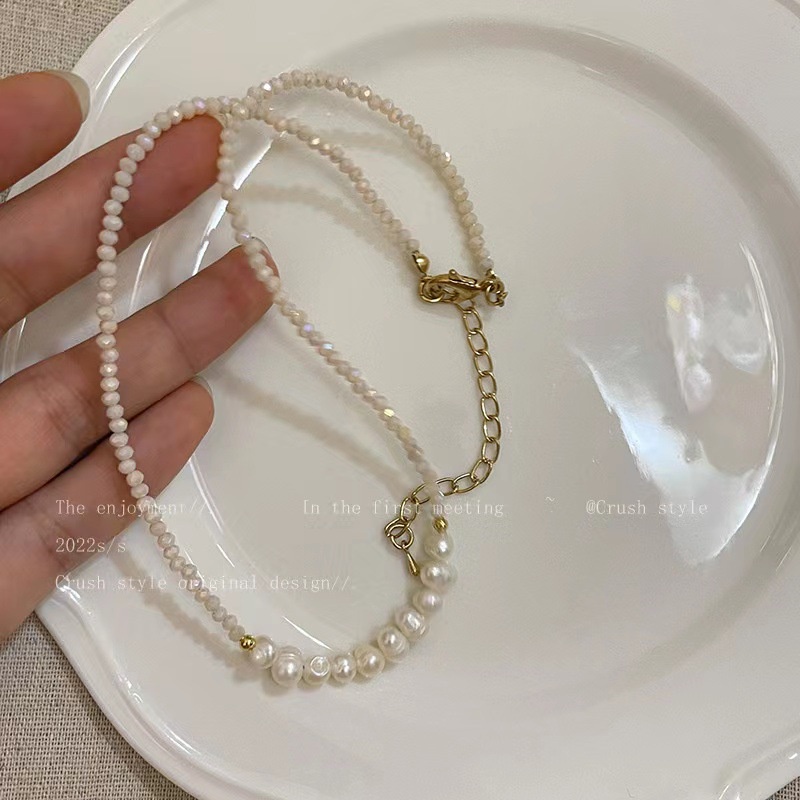 Kalung Rantai Klavikula Hias Manik-Manik Mutiara Warna Hijau Gaya Retro Korea Untuk Wanita