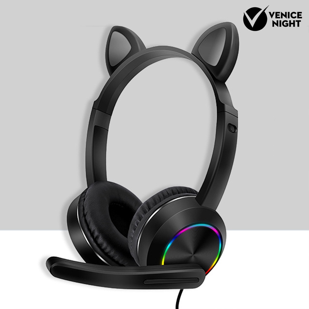 (VNEP) (Berkabel) AKZ-020 Luminous RGB Light Headphone Bentuk Telinga Kucing Lucu dengan Mikrofon