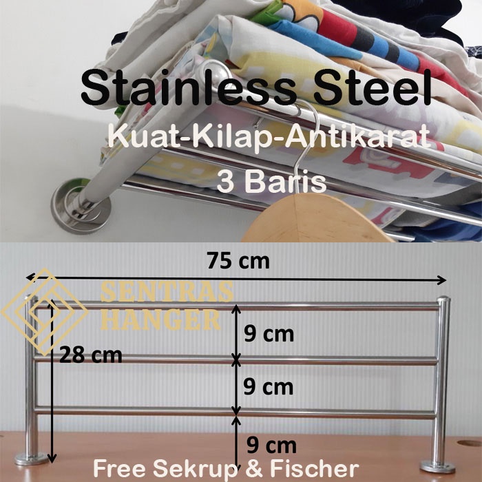 Gantungan Baju Klasik Stainless Steel 75cm, 3 Baris