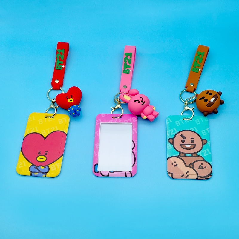 Kpop Bts Bt21 Gantungan Kunci Tali dengan ID Pemegang Kartu Pendek 3D Gantungan Kunci Anti-Lost Sling untuk Kartu Lengan kunci Aksesoris untuk Hadiah Fashion