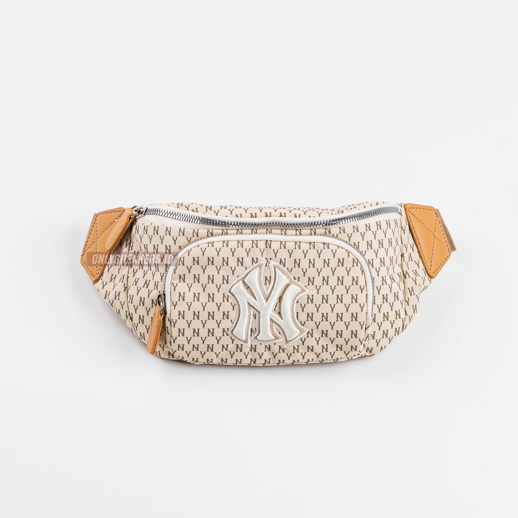 MLB MONOGRAM HIP SACK NEW YORK YANKEES BELT WHITE LOGO BEIGE WAIST BAG