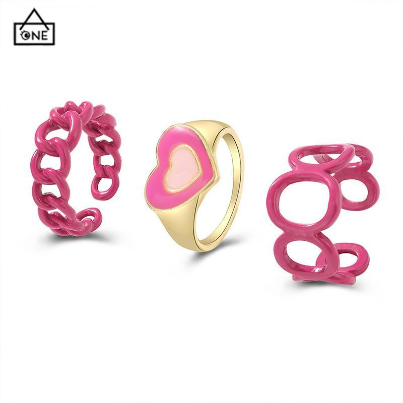 COD❤️3PCS Heart Geometry Rings Cincin Geometri Jantung Cincin Mode Menetes Minyak yang Dapat Disesuaikan untuk Aksesoris Perhiasan Wanita-A.one