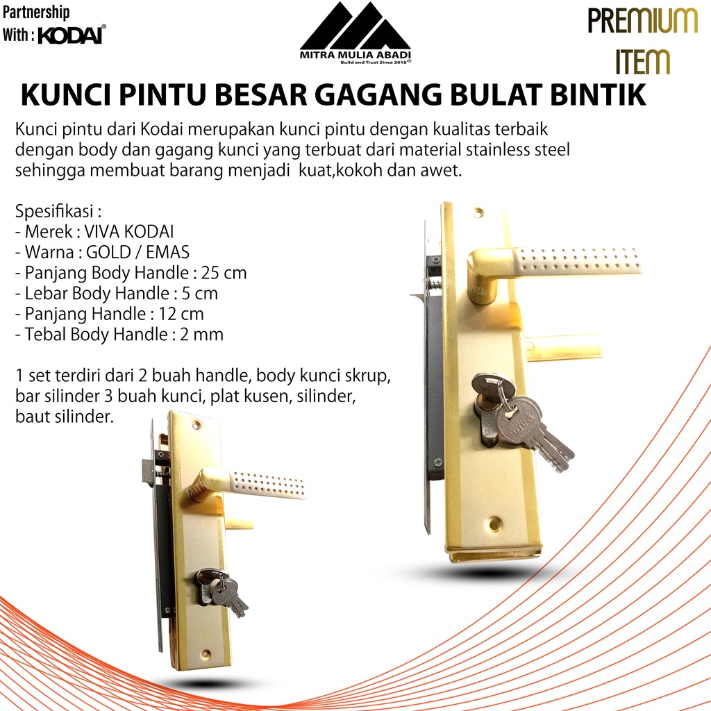 Kunci Pintu Besar 25cm Gagang Body Komplit Silinder Kodai Viva bulat