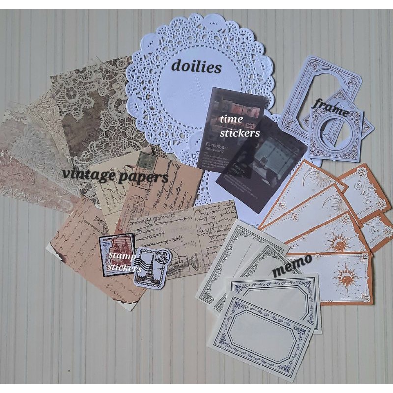 

Journal Kit Set Journaling Material Scrap Book Vintage Paper Sticker Doilies Aesthetic