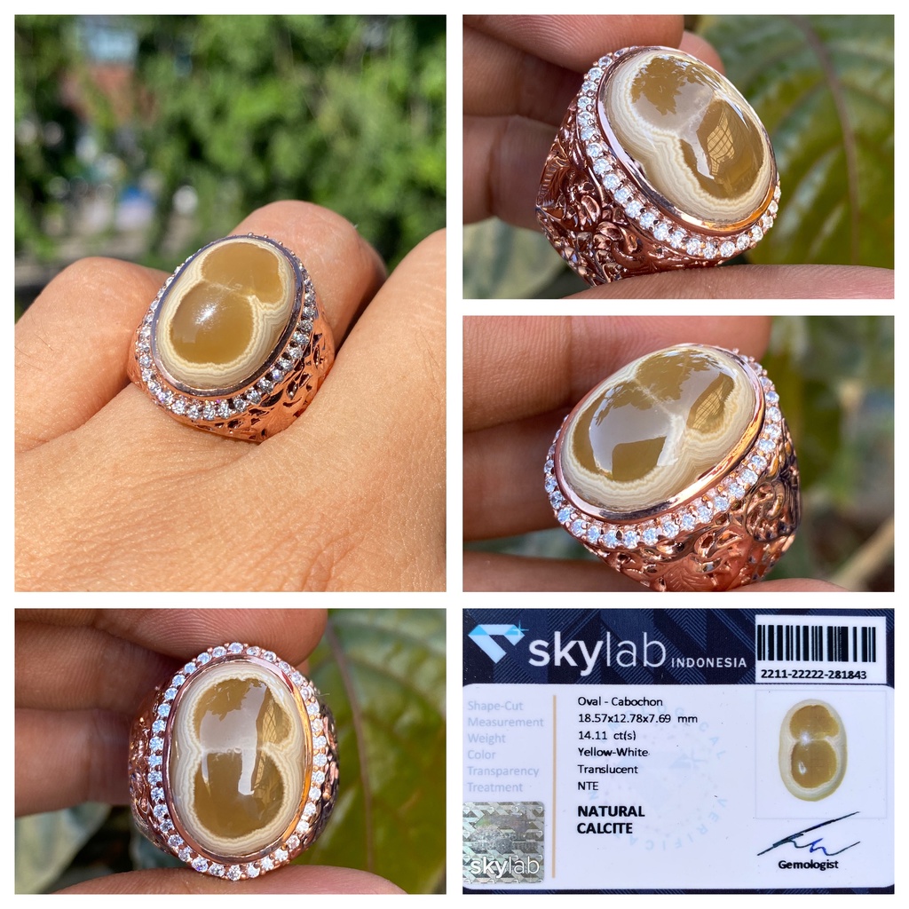 Natural 14.11ct Batu Motif Angka 8 Yellow Calcite Ring Perak