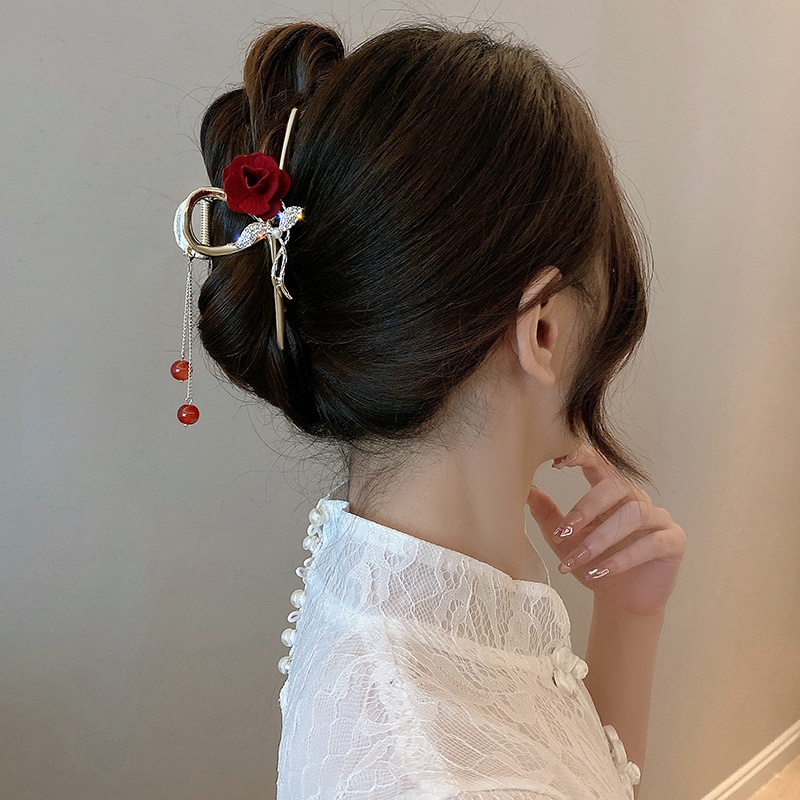 Jepit Rambut Bentuk Bunga Mawar Aksen Mutiara Dan Berlian Imitasi Bahan Alloy Gaya Korea Untuk Wanita