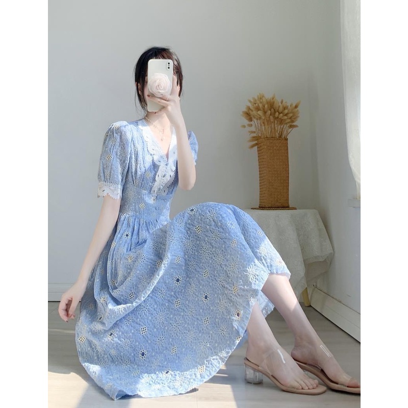 D316 - Blue sky midi dress motif lace V neck new arrival / dress wanita korea terbaru midi