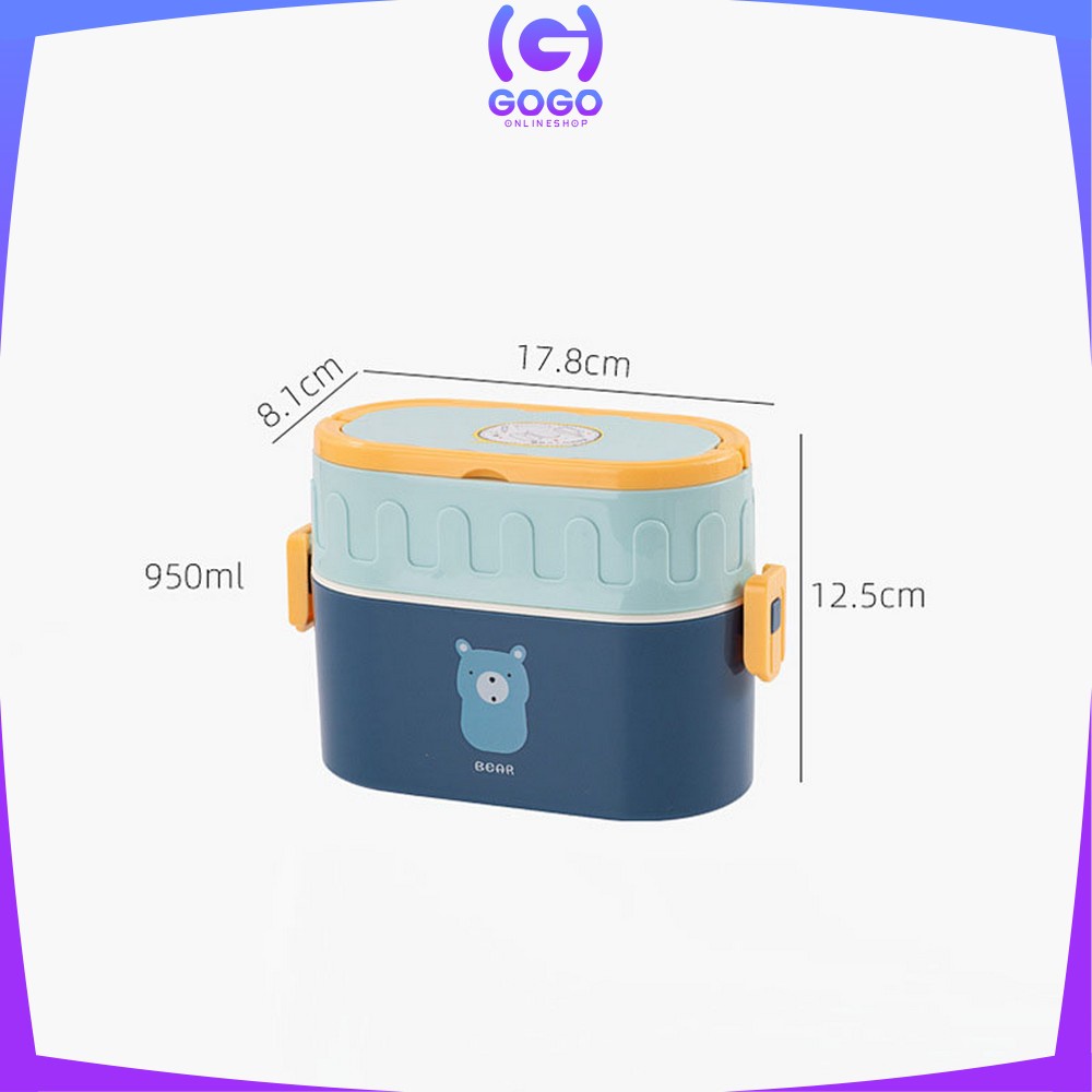 GOGO-C699 Tempat Makan 950ML Box Bento Set 2 Susun Free Sendok Anti Tumpah Dengan Pegangan / Kotak Bekal Tingkat Lunch Box Set Double Layer Portable