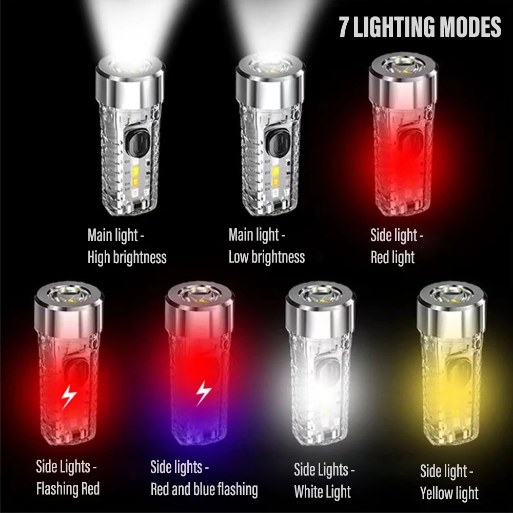 Gantungan Kunci Lampu Senter Mini 7 Mode Rechargeable Warna Merah / Biru / Hijau / Transparan Untuk Darurat