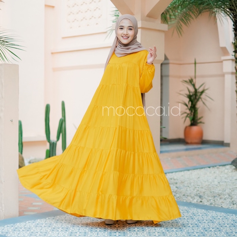 dress premium 7 susun kuning cerah kubus nanas pekat non busui sleting belakang bisa untuk prewed pre wedding lengan wudhu friendly flare flowy adem super lebar