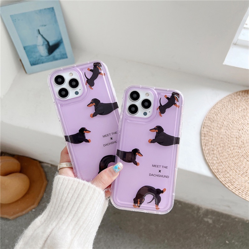 Casing Soft Case TPU Transparan Motif dachshund Ungu Untuk IPhone 14 13 12 11 Pro Max Plus