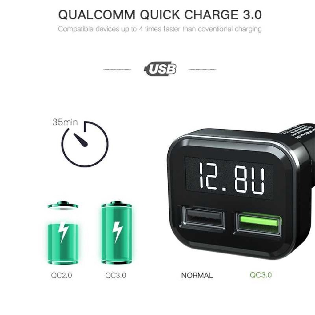 Charger Mobil 2 Port 3.1A QC3.0 LCD Display