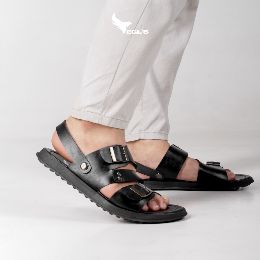 Sandal Pria Casual Terbaru Sendal Cowok Sandals Laki-laki Kasual Slide Santai Kekinian Tali Gunung Hitam Kulit Sintetis