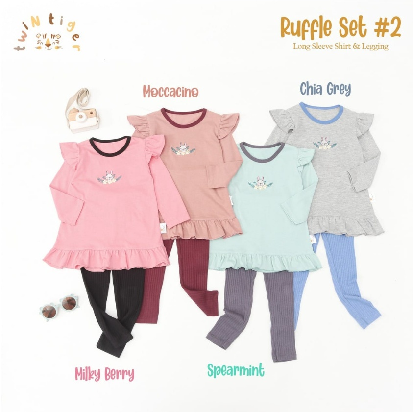 Twin Tiger Ruffle Set / Flare Set 1-4 Tahun Setelan Ruffle Legging Fashion Anak Perempuan Muslim / Raya / Lebaran CBKS