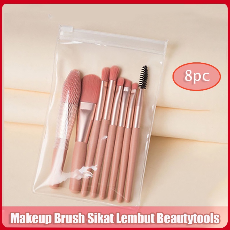 8Pcs Makeup Brush Sikat Lembut Beautytools Alat Rias Tas Kuas Portabel Lembut