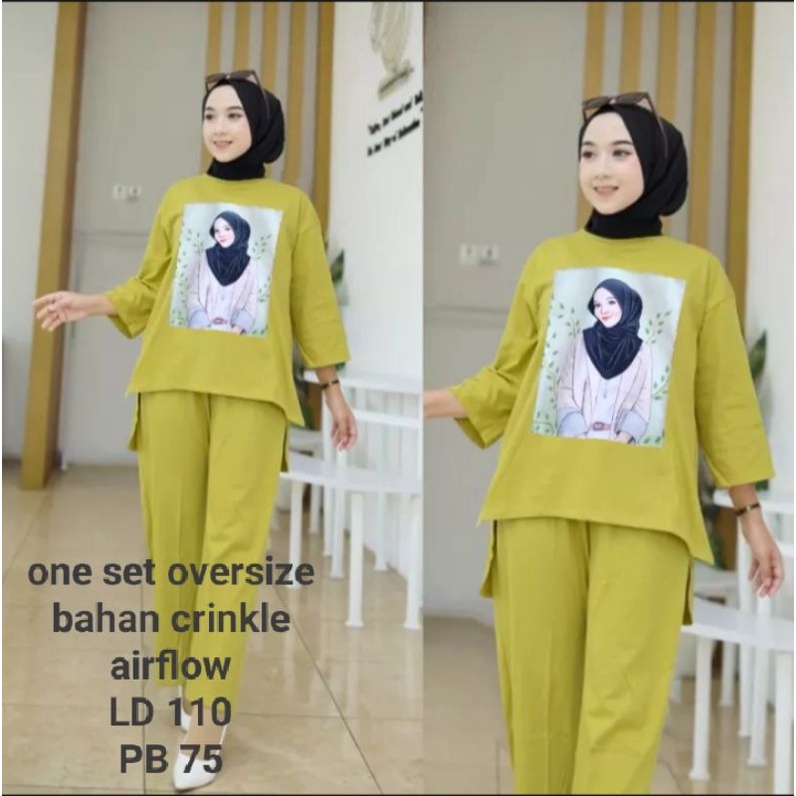 setelan crinkle sablon airflow flowy terviral 2023 / one set oversize XXL ld 110 bahan crinkle