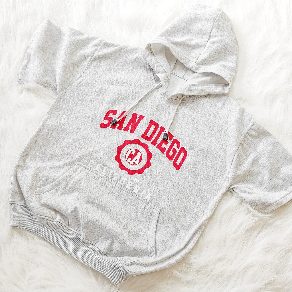 Hoodie San Diego Short Sleeve Bahan Fleece Allsize Baju Wanita Hodie Sweater Sweatshirt Tangan Pendek