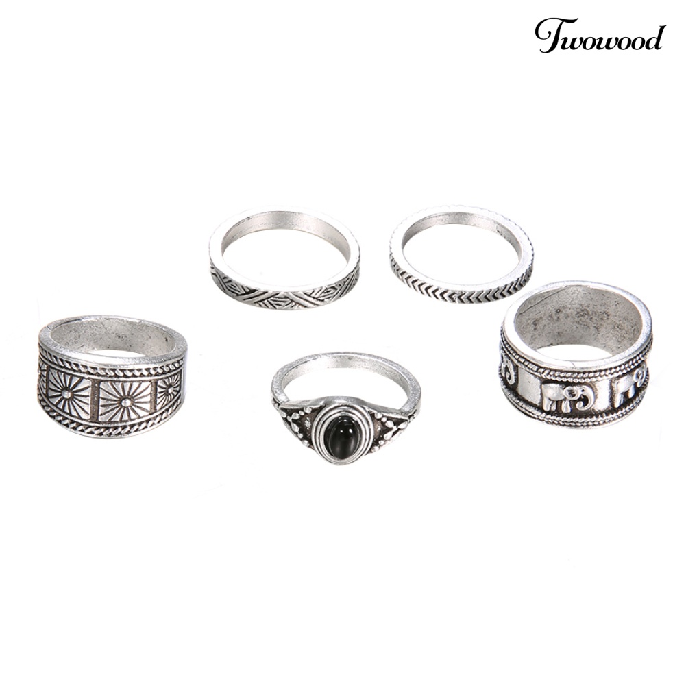 5pcs / Set Cincin Knuckle Bentuk Gajah Ukir Aksen Batu Bulat Gaya Retro Untuk Wanita