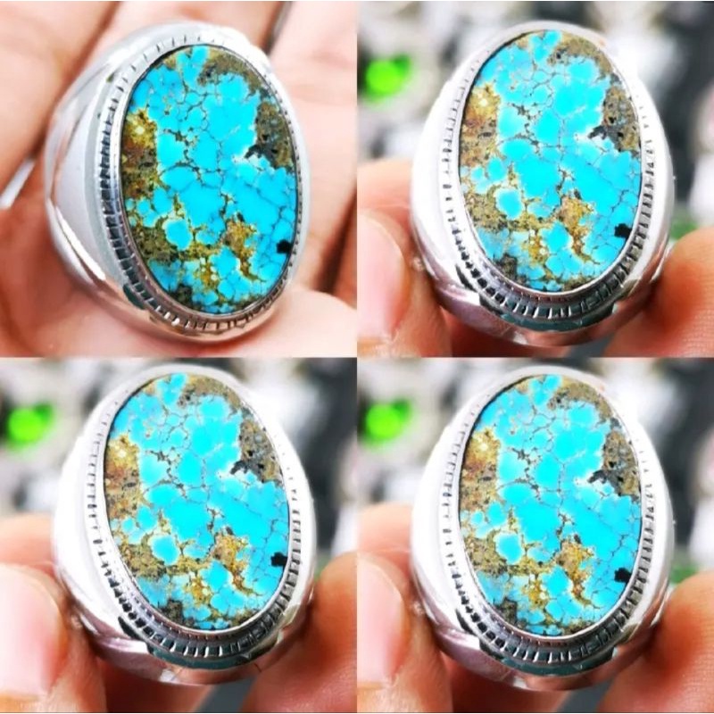 Cincin Batu Natural Asli Pirus Persia Serat Em4s Corak Bagus Ring Perak Monel