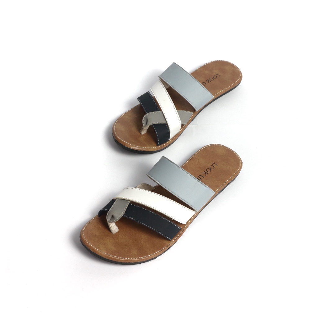 Sandal Kulit Wanita Sandal Jepit Tali Wanita Sandal Jepit Slop Slide Wanita Flat Motif Kombinasi Look Up - AURA