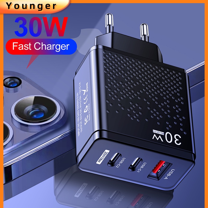 Adapter Charger Multi Port USB 30W + 2PD Tipe-c 5V 2.4A Fast Charging Plug US / EU / UK Untuk Iphone / Tablet