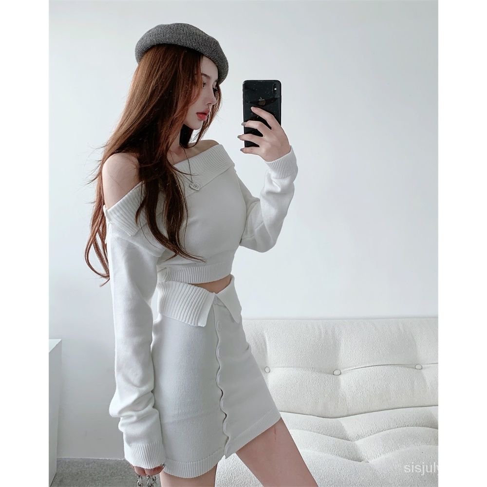 #Sisjuly# Atasan rajutan kerah satu bahu baru wanita + set setelan rok setengah badan pinggul paket