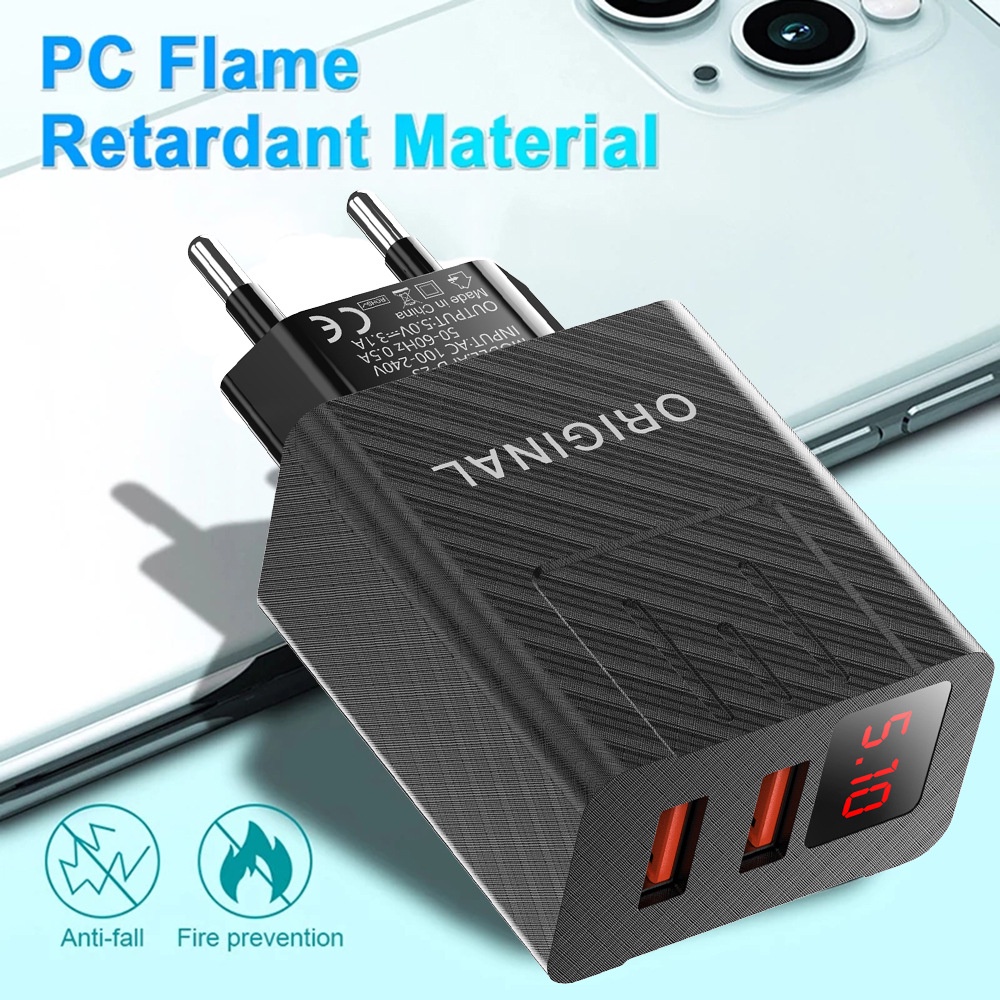 Adapter Charger 2 Port USB Tipe-C Fast Charging Display LED Untuk Iphone / Android