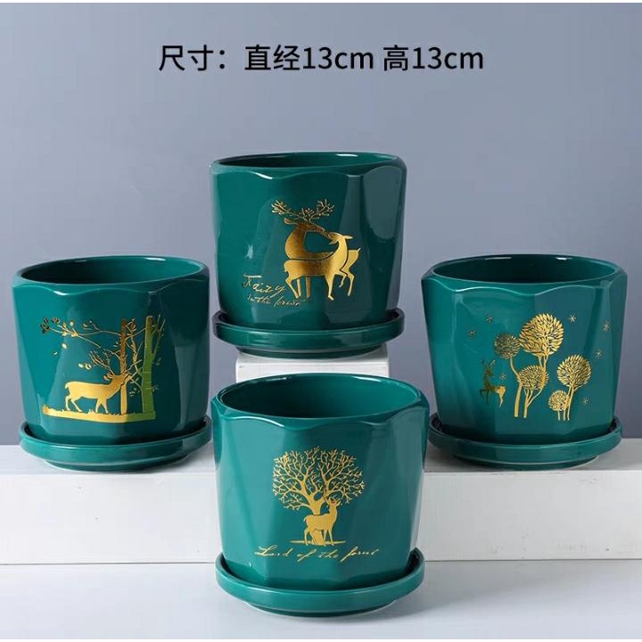 Jual Pot Keramik Hijau Motif Gold Deer Shopee Indonesia