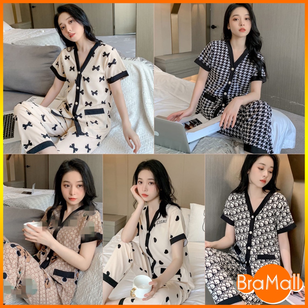 【 Bra Mall 】BM-341 Piyama Wanita Dewasa Model Kancing Depan Mewah Lengan Pendek Celana Panjang Import High Quality Sleepwear