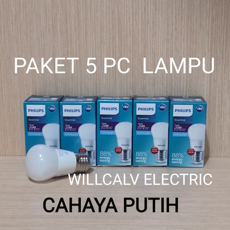 PAKET 5 PC LAMPU PHILIPS LED ESSENTIAL 3W, 5W, 7W, 9W CAHAYA PUTIH