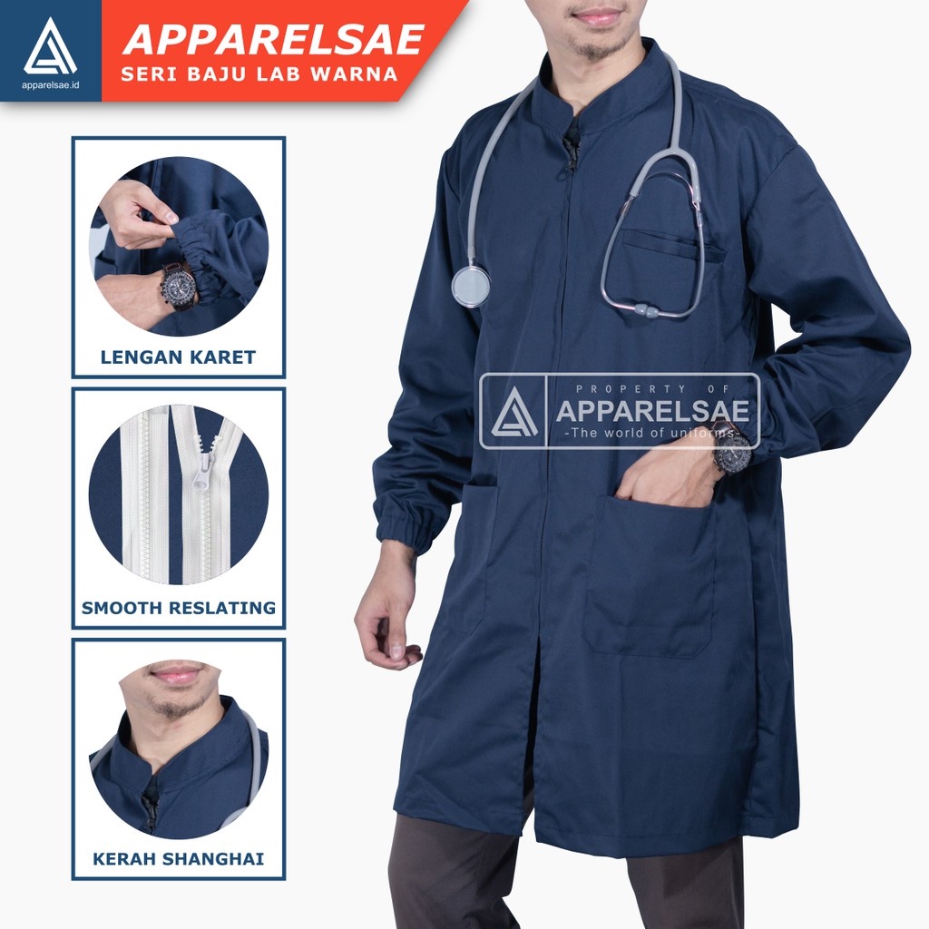 JAS LAB /JAS LABORATORIUM KATUN LEMBUT & TEBAL BAJU DOKTER LENGAN KARET WARNA DONGKER