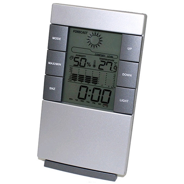 Weather Station Humidity Temperature Alarm Desk Clock Jam Alarm - 3210 - Silver - OMHR5SSV